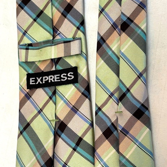 Express Brand Necktie Tie Repp Silk Pastel Plaid Green Blue Pink Mens - Picture 6 of 13